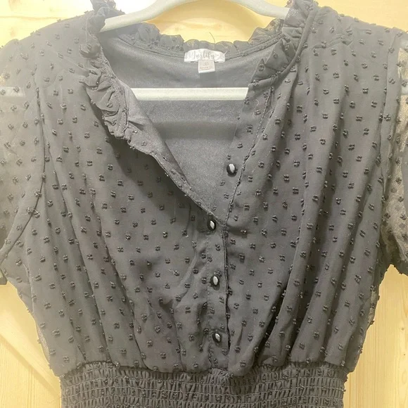 NWOT Justify Polka Dot Ruffled Black Flirty In-line Waist Dress - Picture 2 of 4